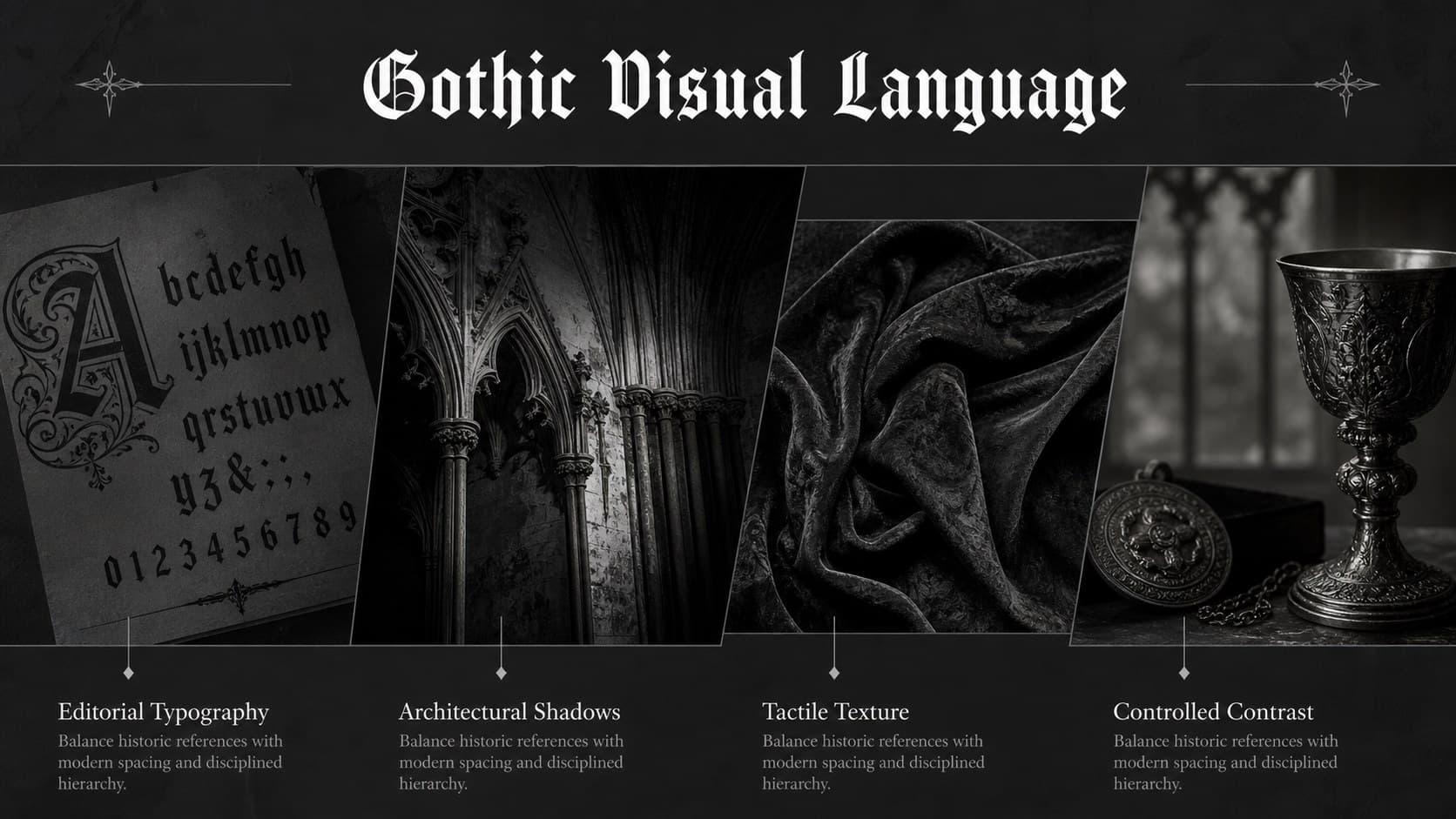 Moody creative direction deck slide presenting Gothic typography, imagery, texture, and contrast principles.