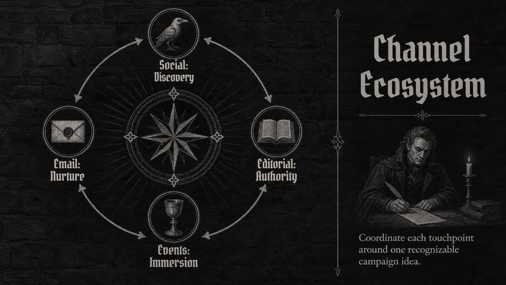 Gothic product launch slide template showing the roles of social, editorial, email, and event channels.