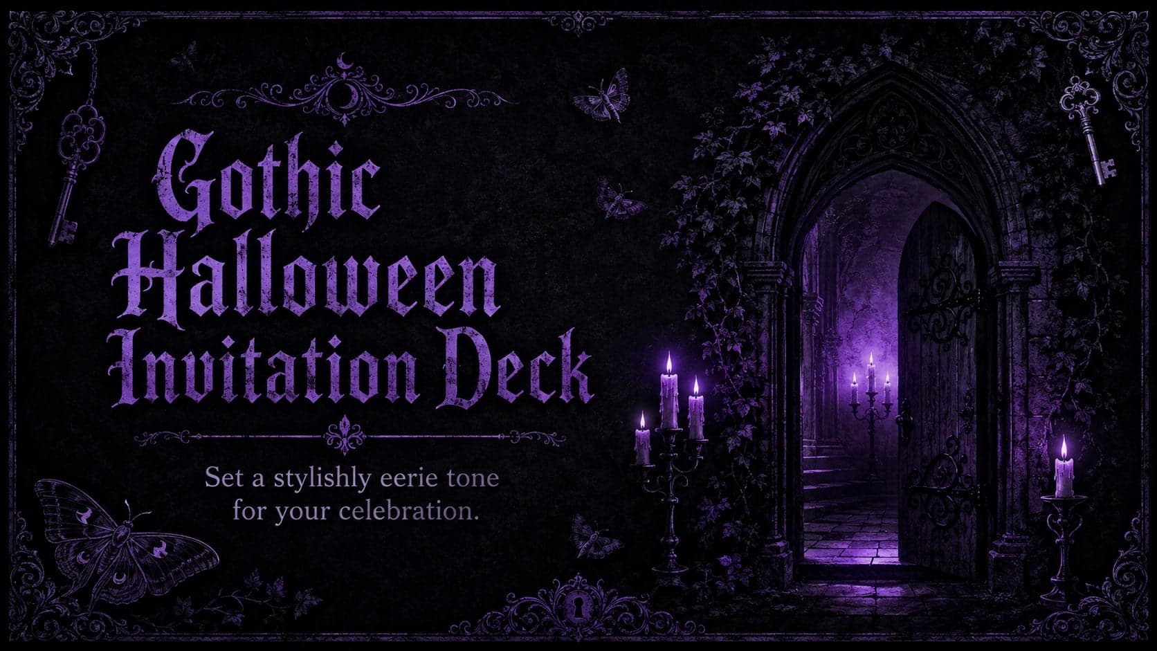 Cover of a Gothic Halloween invitation deck with purple candlelight, an ornate doorway, and elegant party typography.
