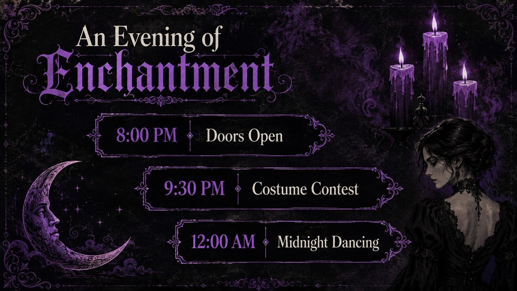 Vintage gothic Halloween party schedule slide featuring purple candles, moon motifs, and a three-part evening program.