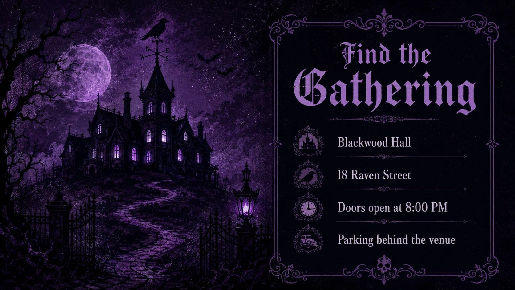 Purple and black Halloween party deck slide showing venue details beside an illustrated haunted manor and directional sign.