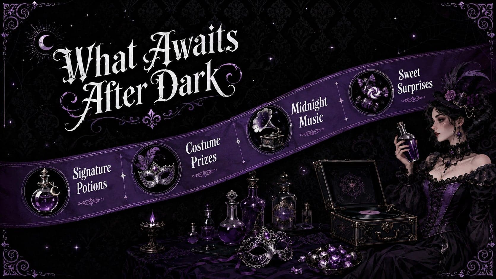 Illustrated Halloween event activities slide with potion bottles, a vintage mask, music notes, and purple gothic accents.