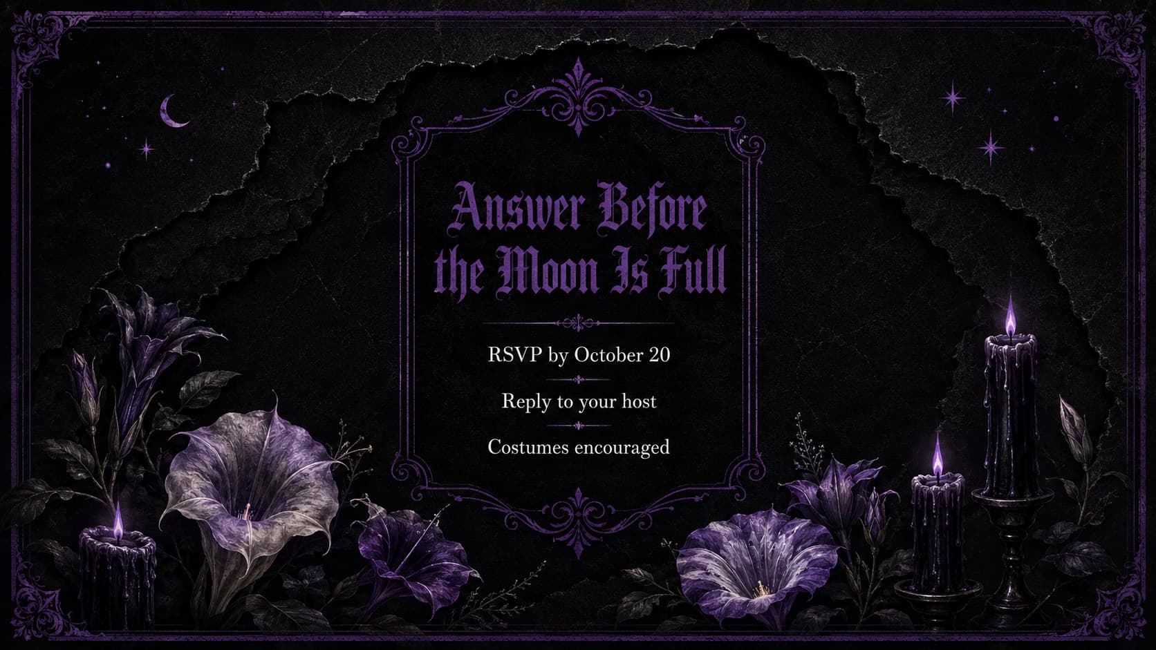 Elegant Halloween invitation closing slide with an RSVP message, purple florals, candles, and a black vintage frame.