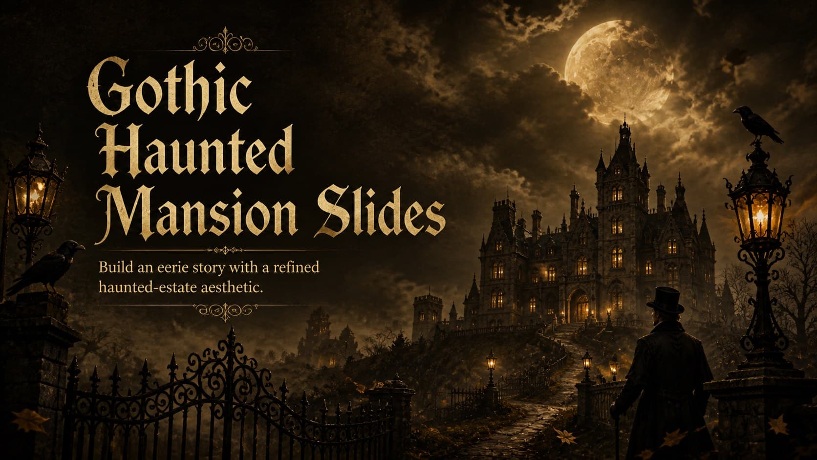 Cover of the Gothic Haunted Mansion Slides with a moonlit estate, twisted branches, pumpkins, and antique-gold typography.