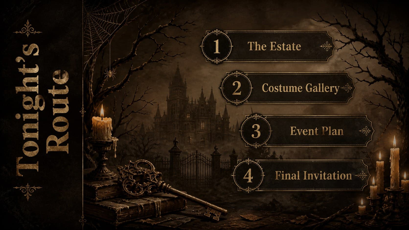 Halloween haunted house presentation agenda framed by candlelight, bare branches, and a brown moonlit background.