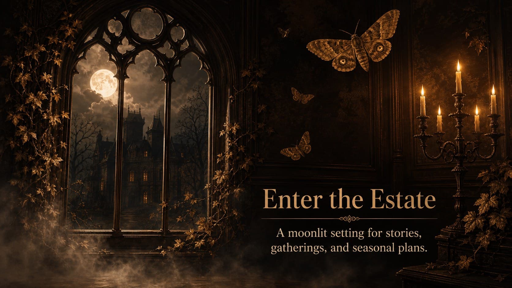Gothic Halloween presentation theme overview featuring a haunted estate illustration and concise event introduction.