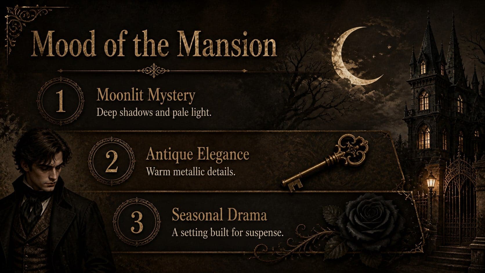 Haunted mansion PowerPoint template layout presenting three atmospheric design pillars with gothic icons.