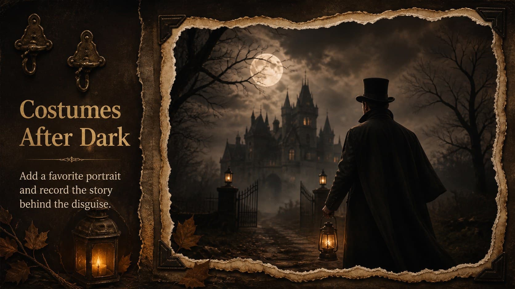 Halloween costume party presentation slide with a large editable photo area and an antique-gold caption panel.