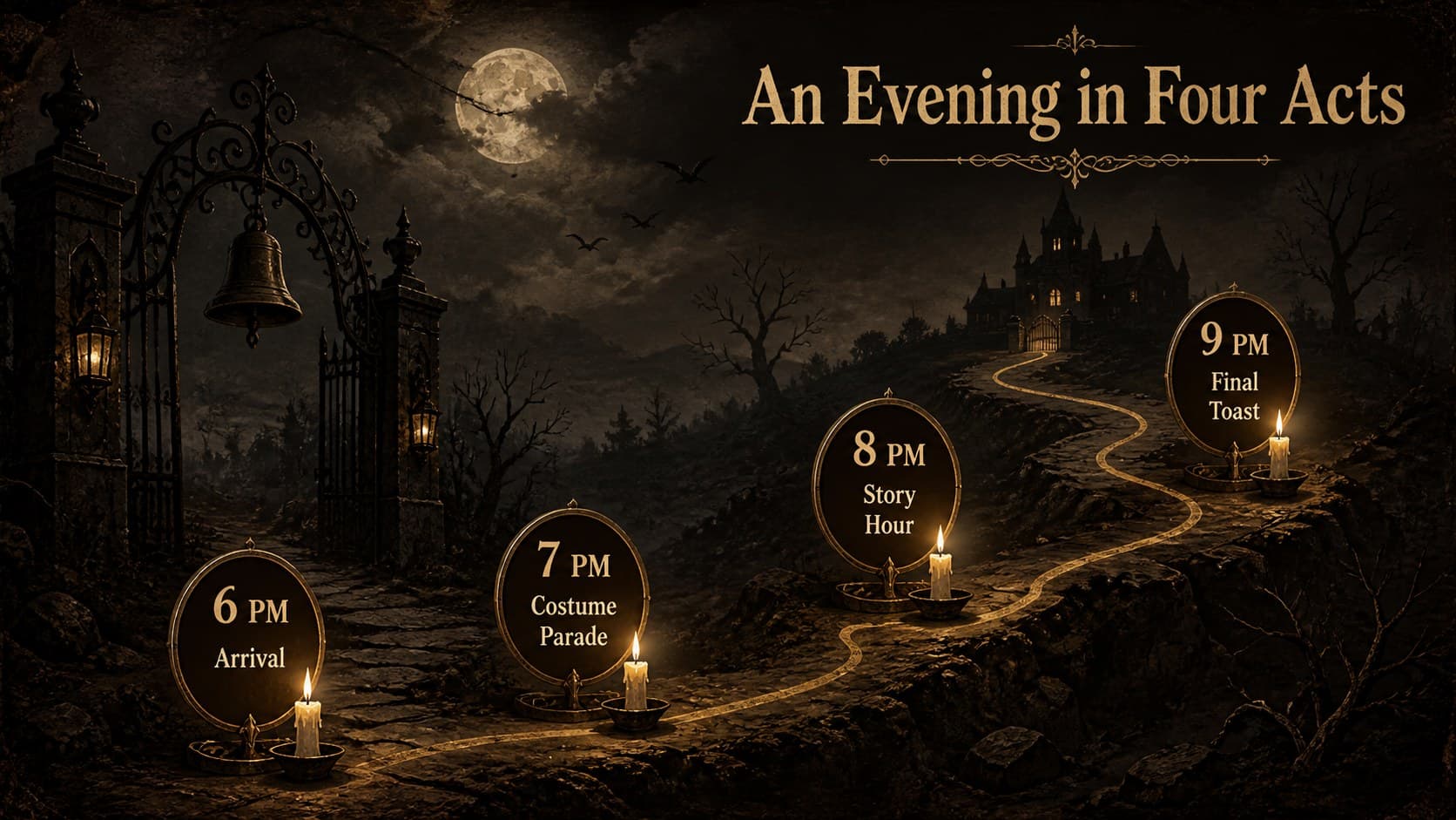 Brown and gold Halloween slides layout showing a four-step haunted event timeline with atmospheric illustrations.