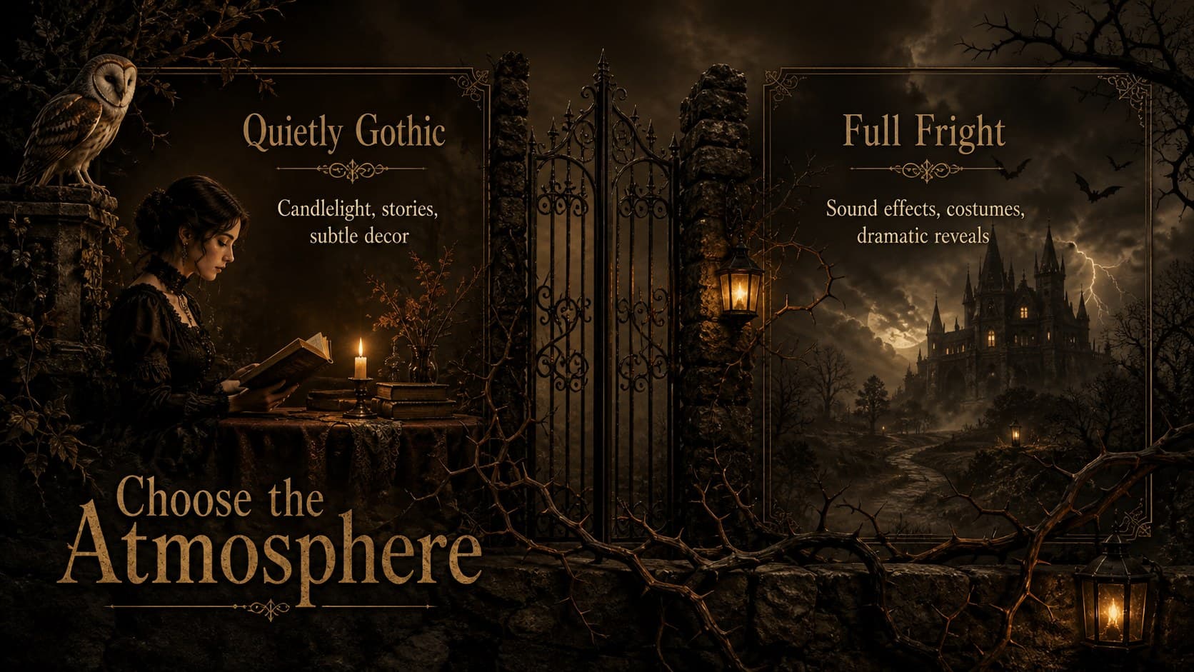 Spooky company meeting deck slide comparing event atmosphere, setup, and guest experience in two columns.