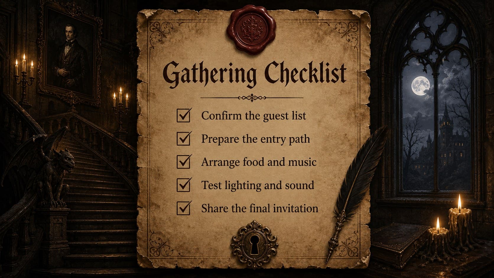 Elegant Halloween Google Slides theme page with a checklist for planning a haunted mansion gathering.