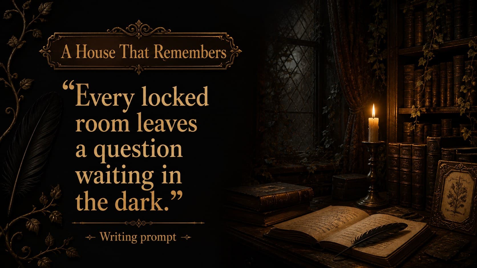Creepy mansion lesson slide displaying a gothic literature quotation beside an original candlelit library scene.