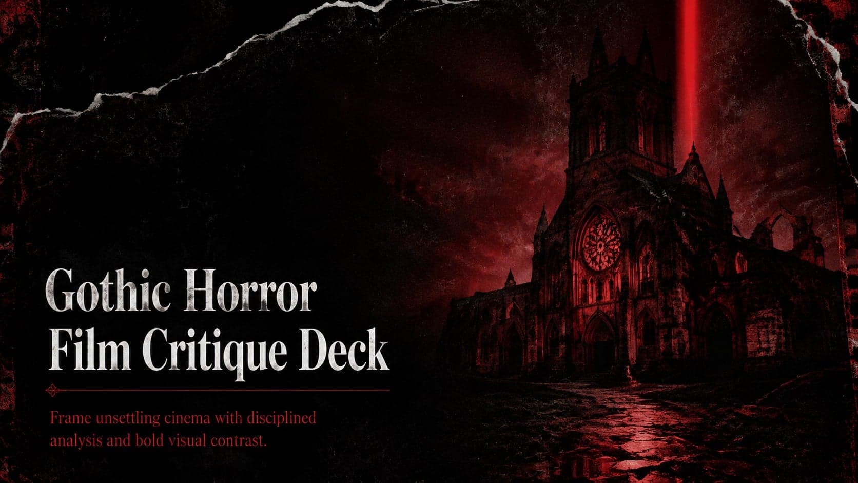 Cover for the Gothic Horror Film Critique Deck with stark serif lettering, a shadowed abbey, and dramatic red accents.