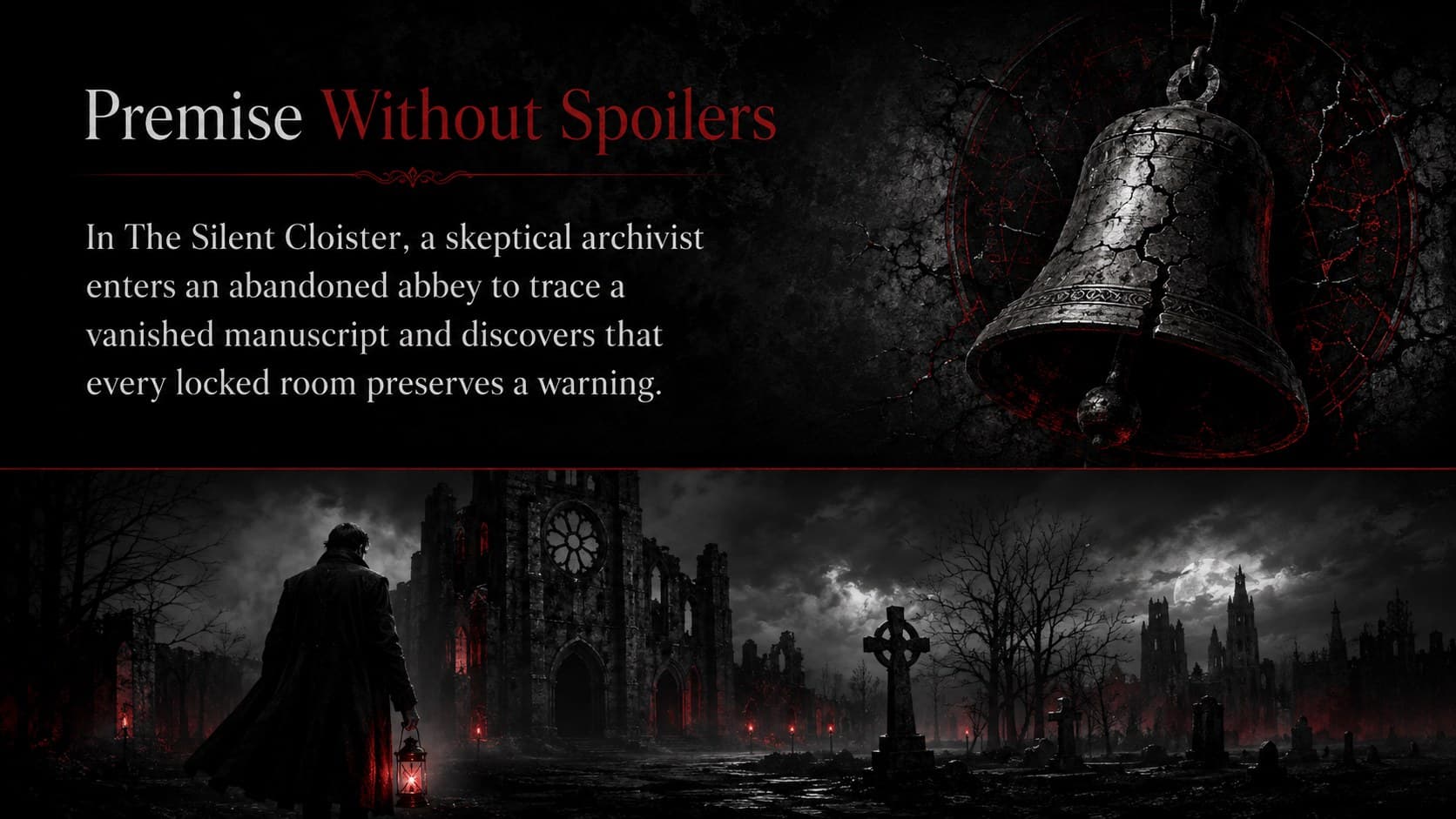 Black and red horror presentation slide summarizing the fictional film The Silent Cloister without spoilers.