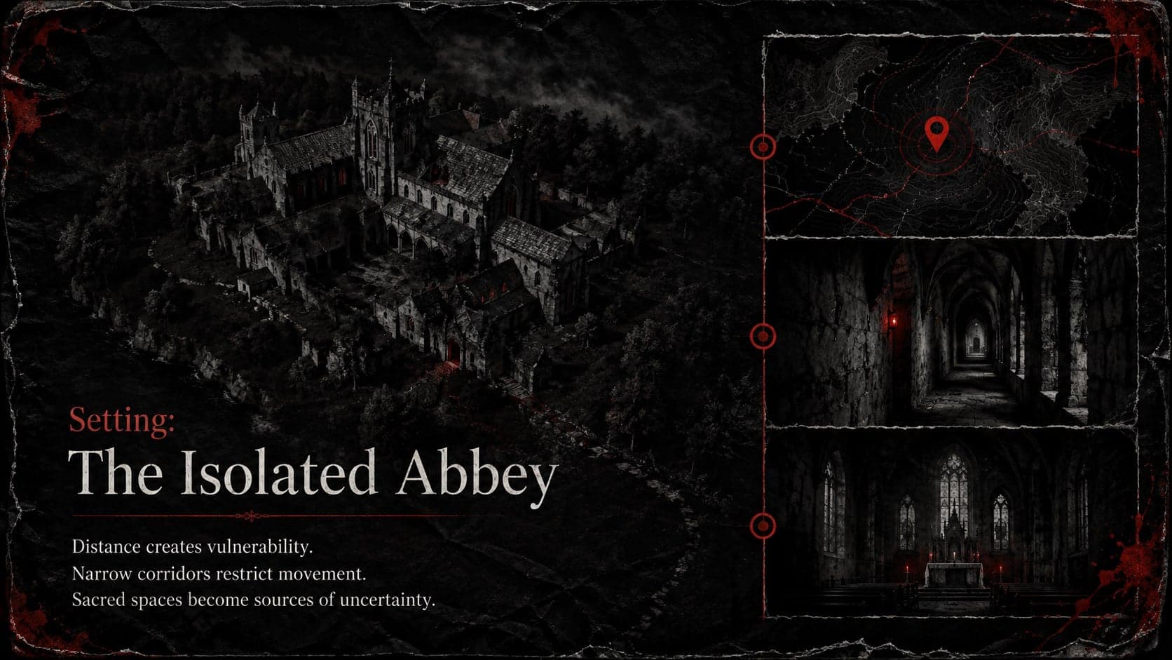 Supernatural cinema presentation slide analyzing an isolated abbey as the story's Gothic setting.