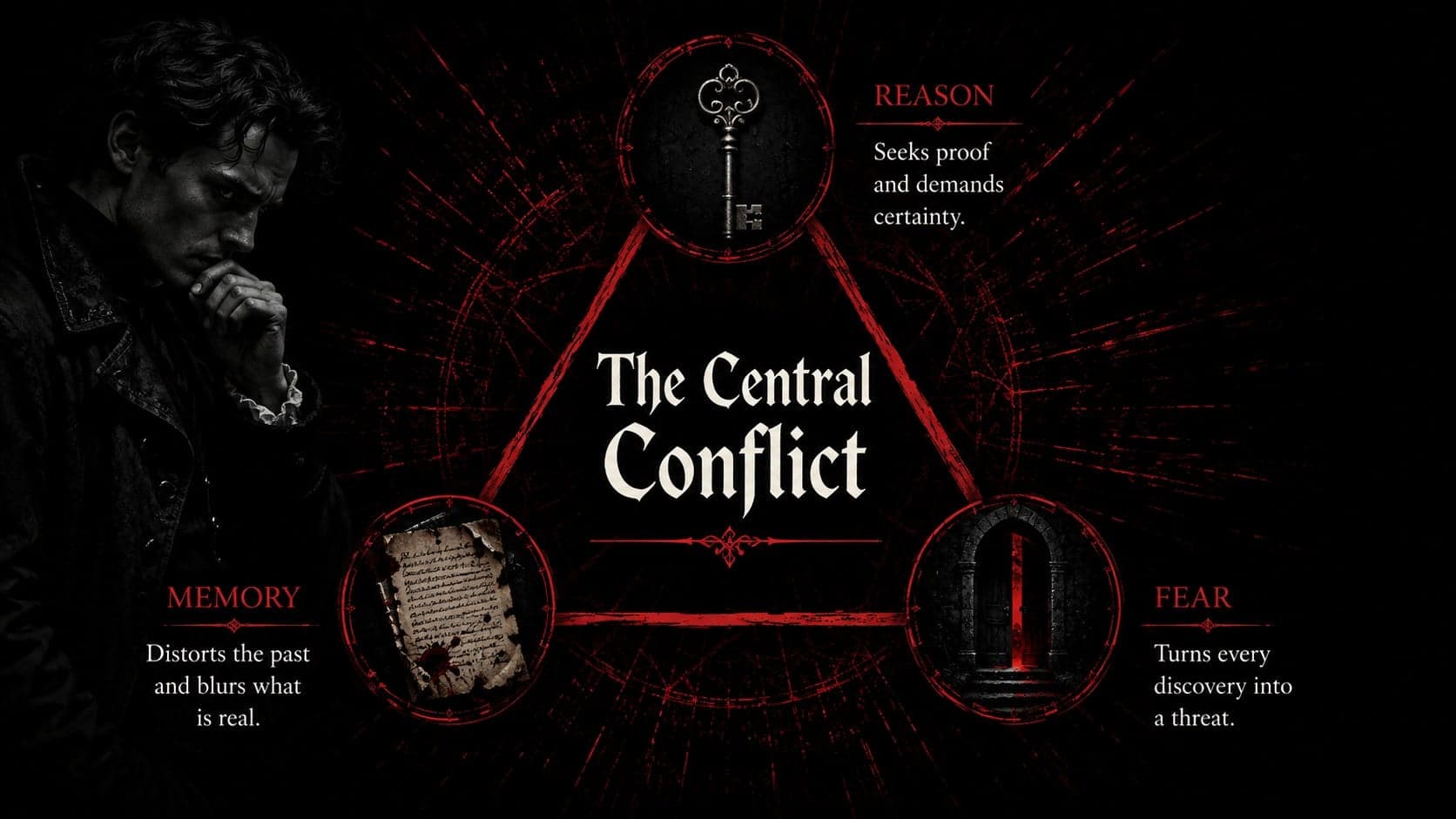 Horror film analysis template slide mapping the conflict between reason, memory, and supernatural fear.