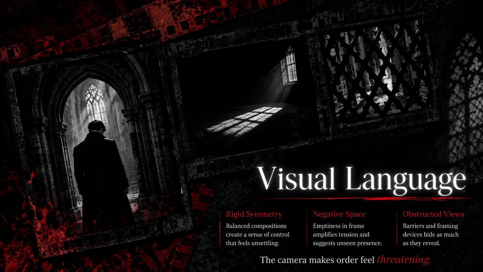 Gothic film critique slide comparing symmetrical frames, negative space, and obstructed viewpoints.