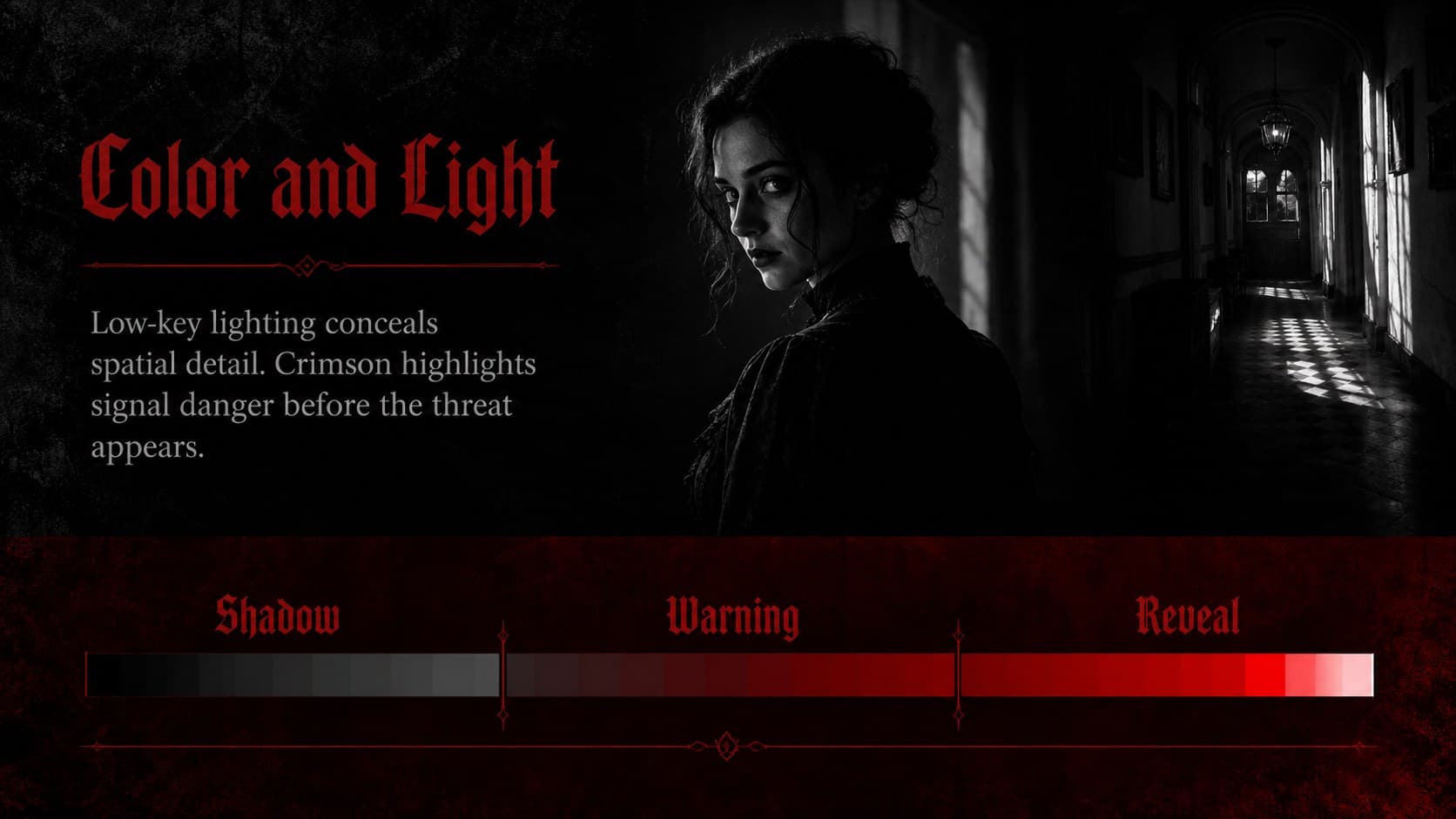 Black and red film analysis slide showing how low-key lighting and crimson highlights create suspense.