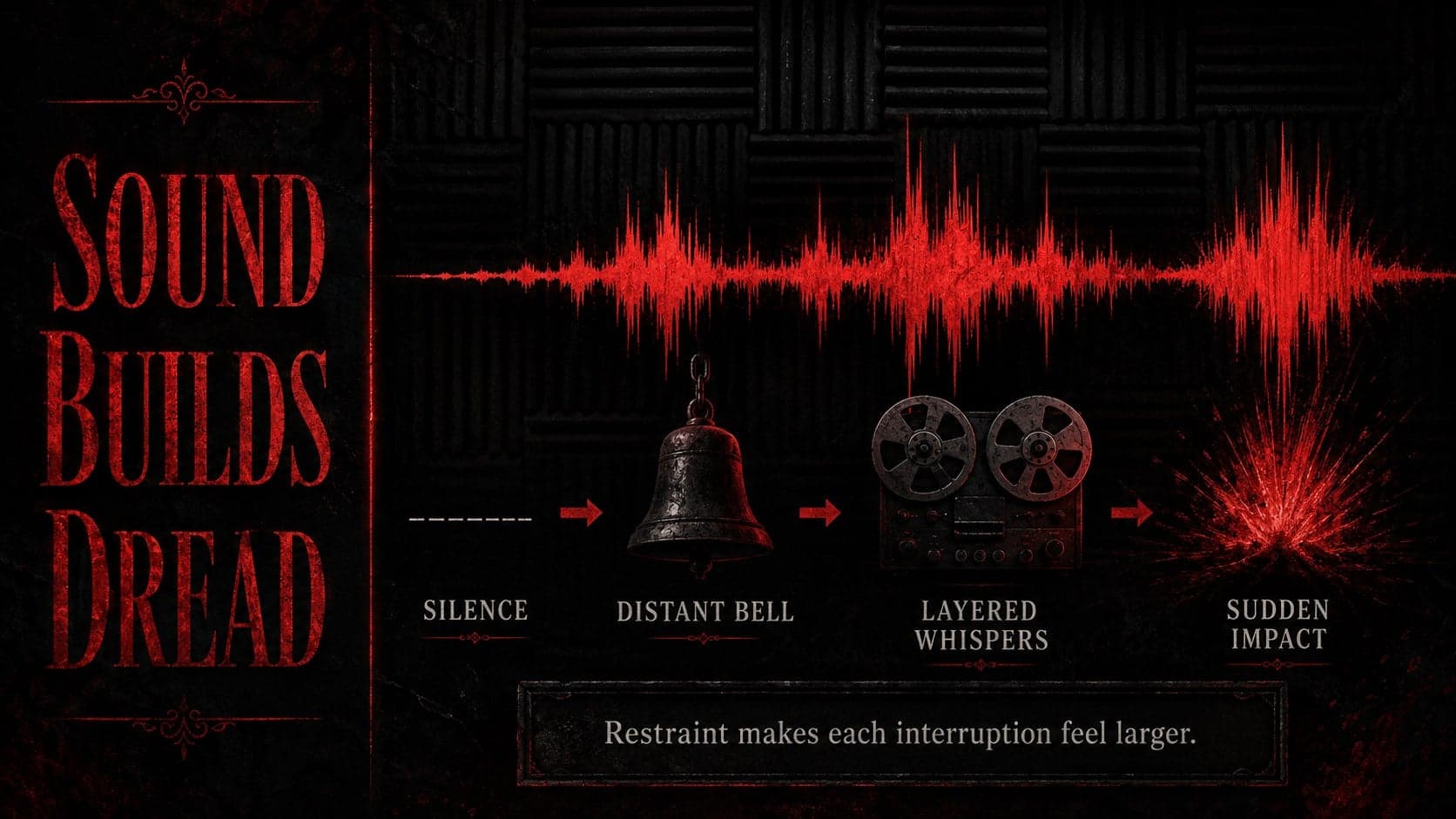 Eerie movie discussion slide charting silence, bells, whispers, and impact across a suspense sequence.