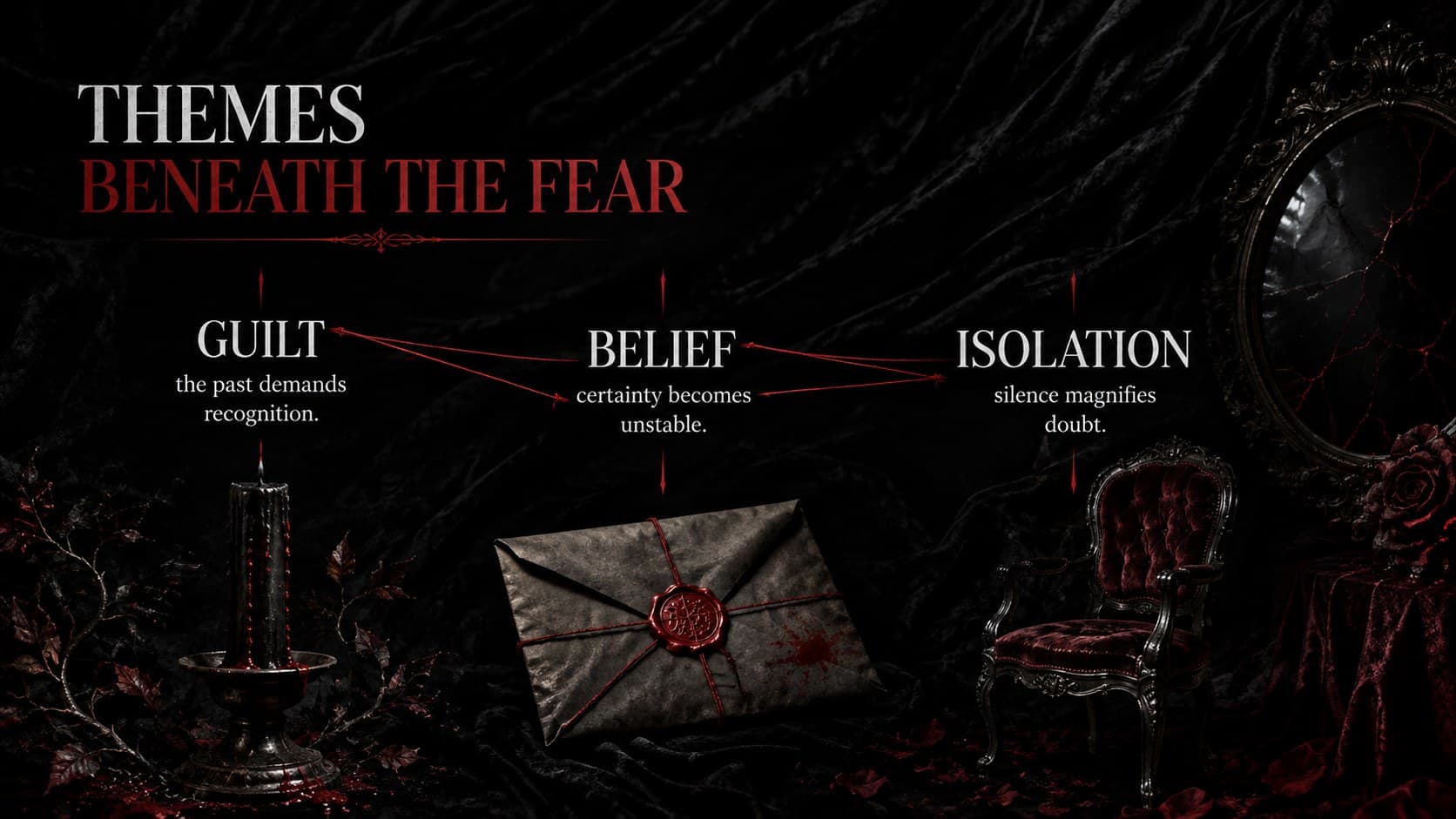 Gothic horror movie review slide exploring guilt, belief, and isolation as the film's central themes.