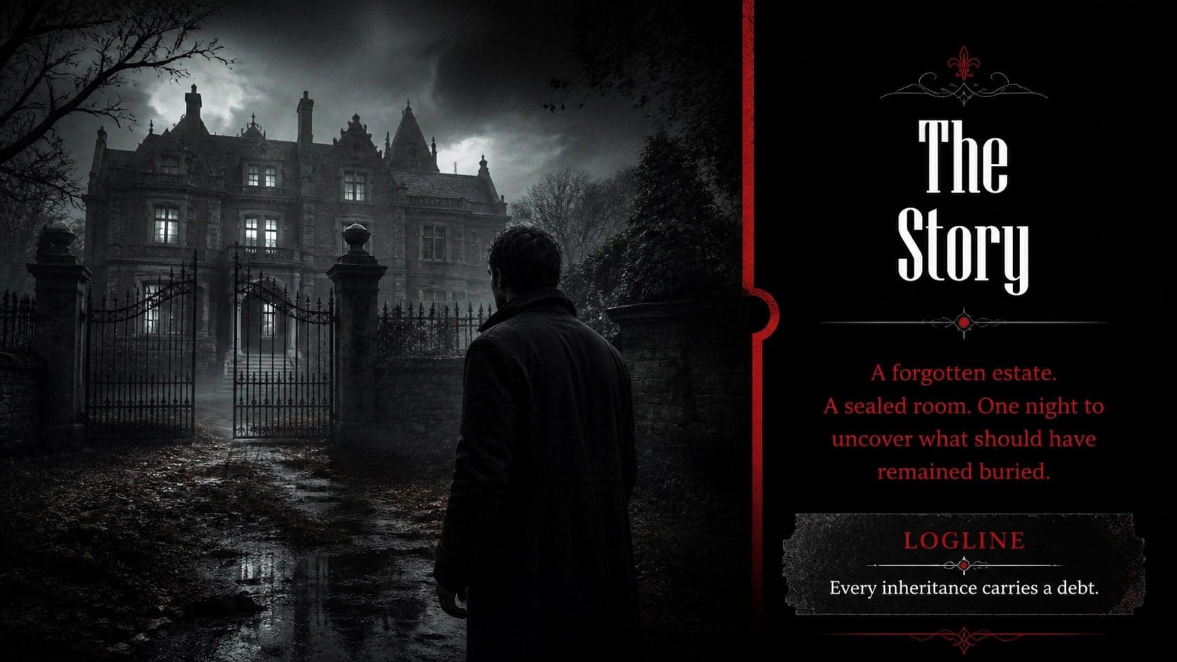 Gothic horror film pitch story slide presenting a logline and sinister premise in a black-and-red editorial layout.