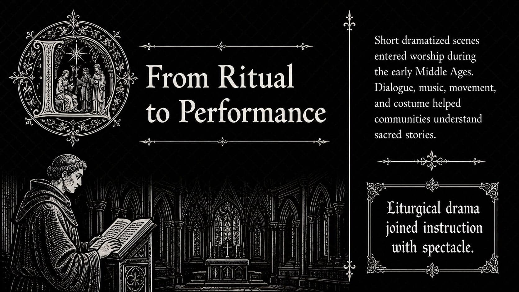 Gothic theatre history template slide explaining how medieval drama developed from church ritual.