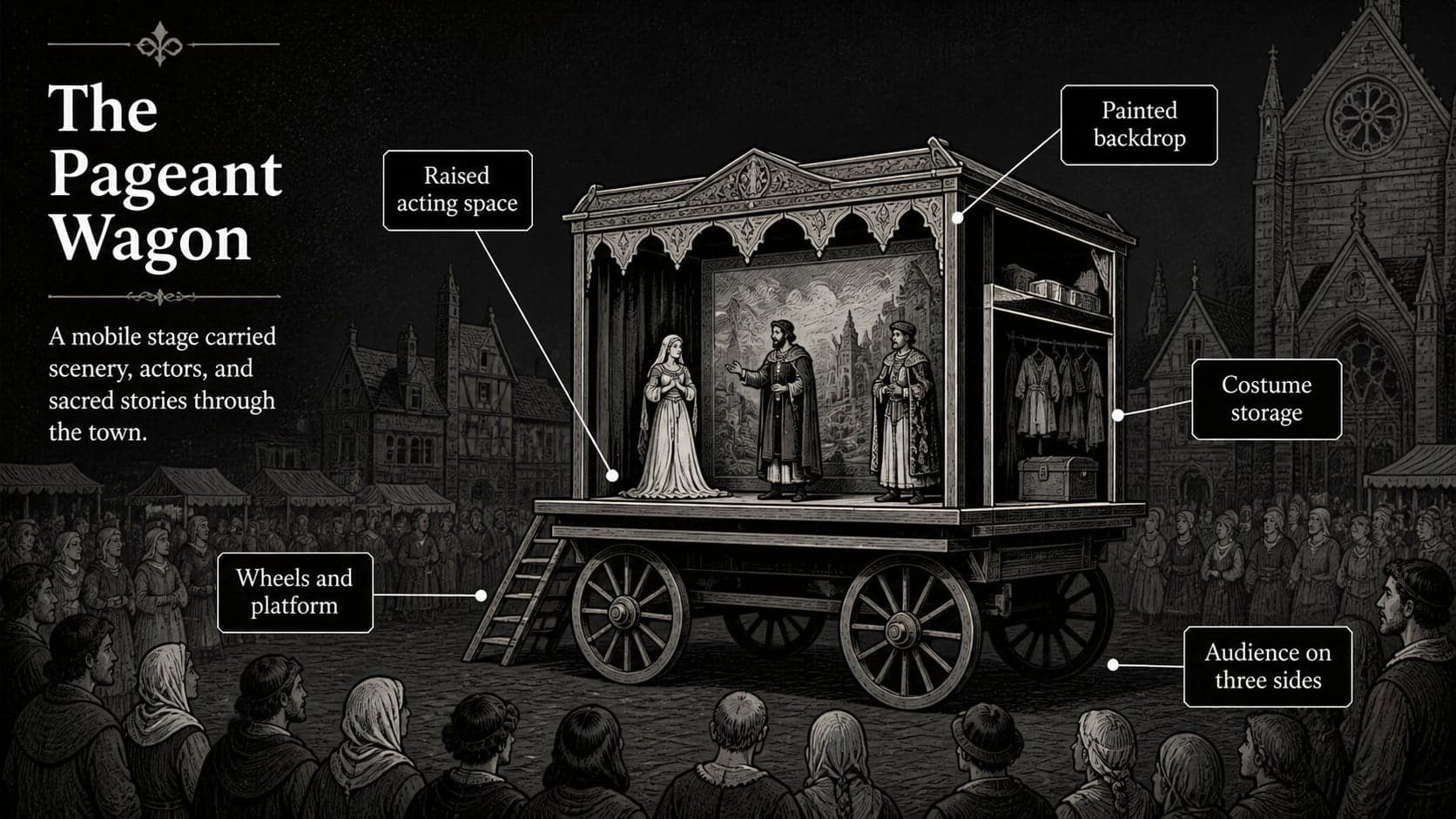 Black and white theatre lesson slide showing a medieval pageant wagon and its staging features.