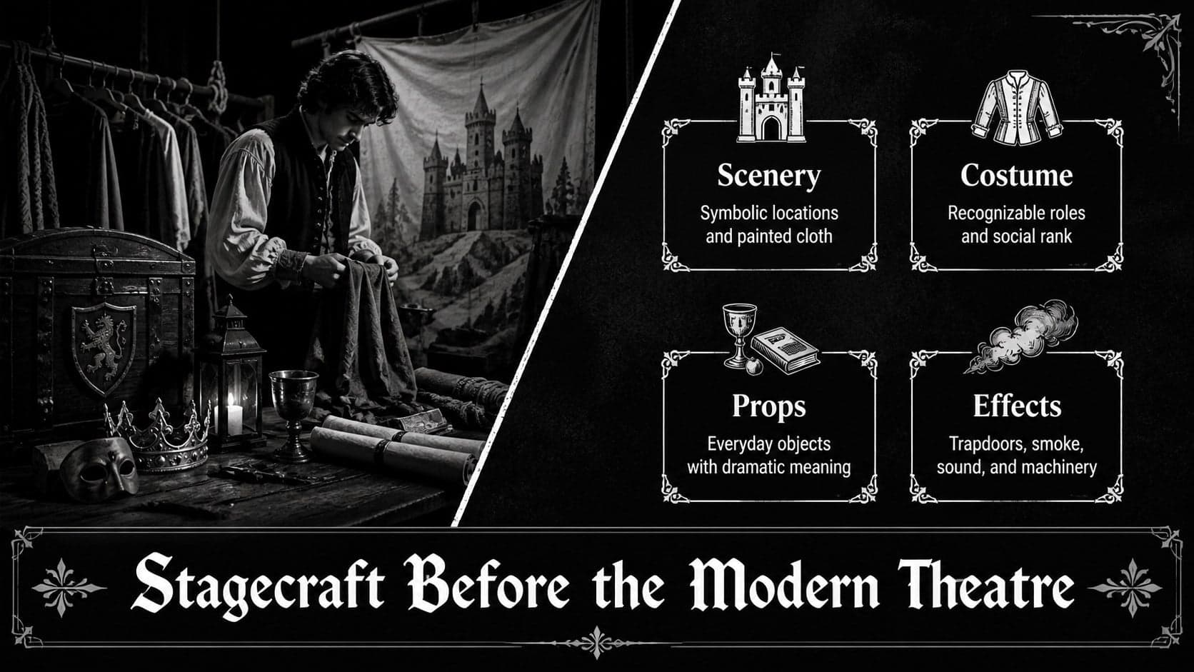 Medieval stagecraft PowerPoint slide describing scenery, costumes, props, and special effects.