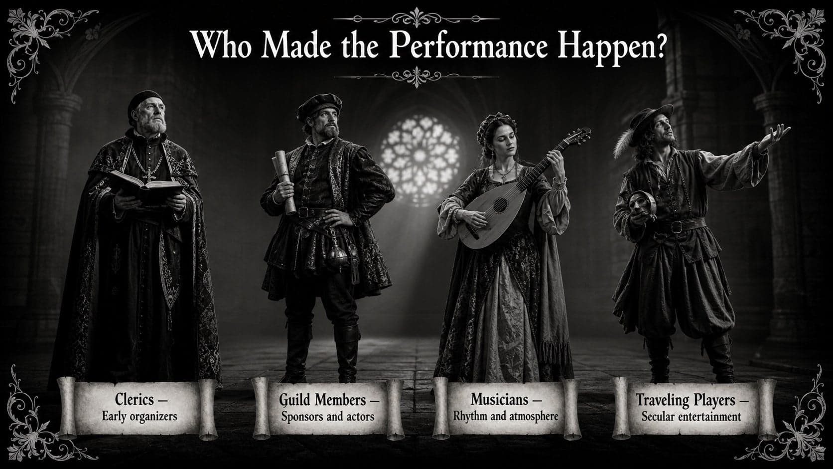 Medieval drama lesson slide introducing guild members, clerics, musicians, and traveling performers.