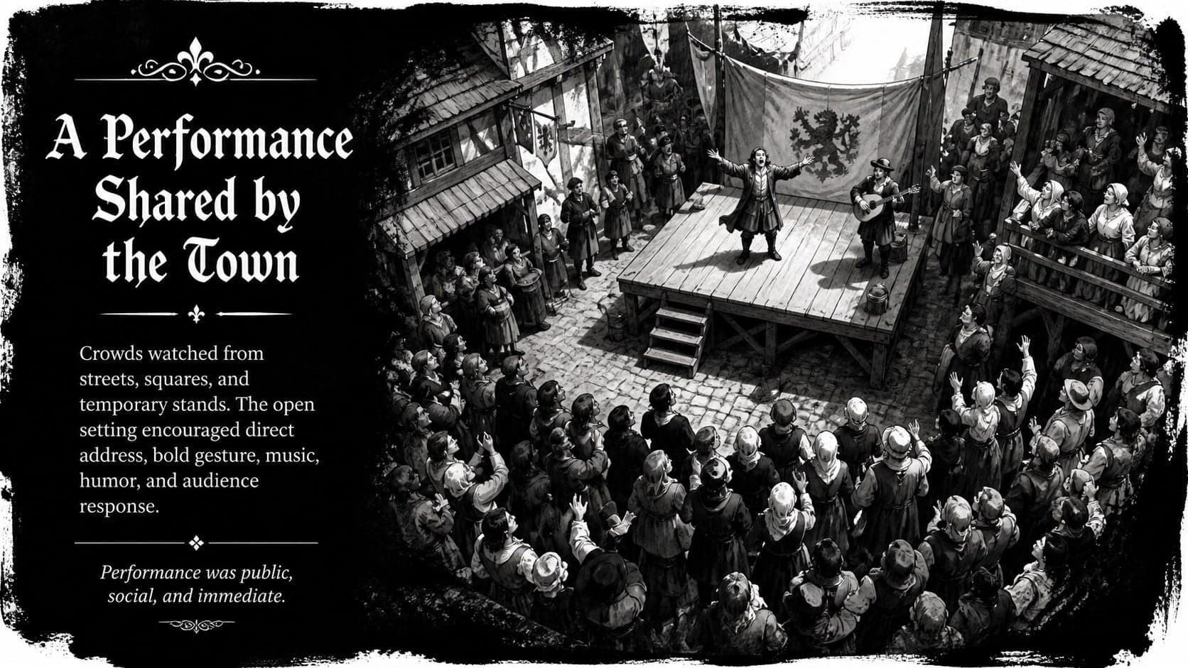 Middle Ages performance presentation slide depicting audiences gathered around an open medieval stage.