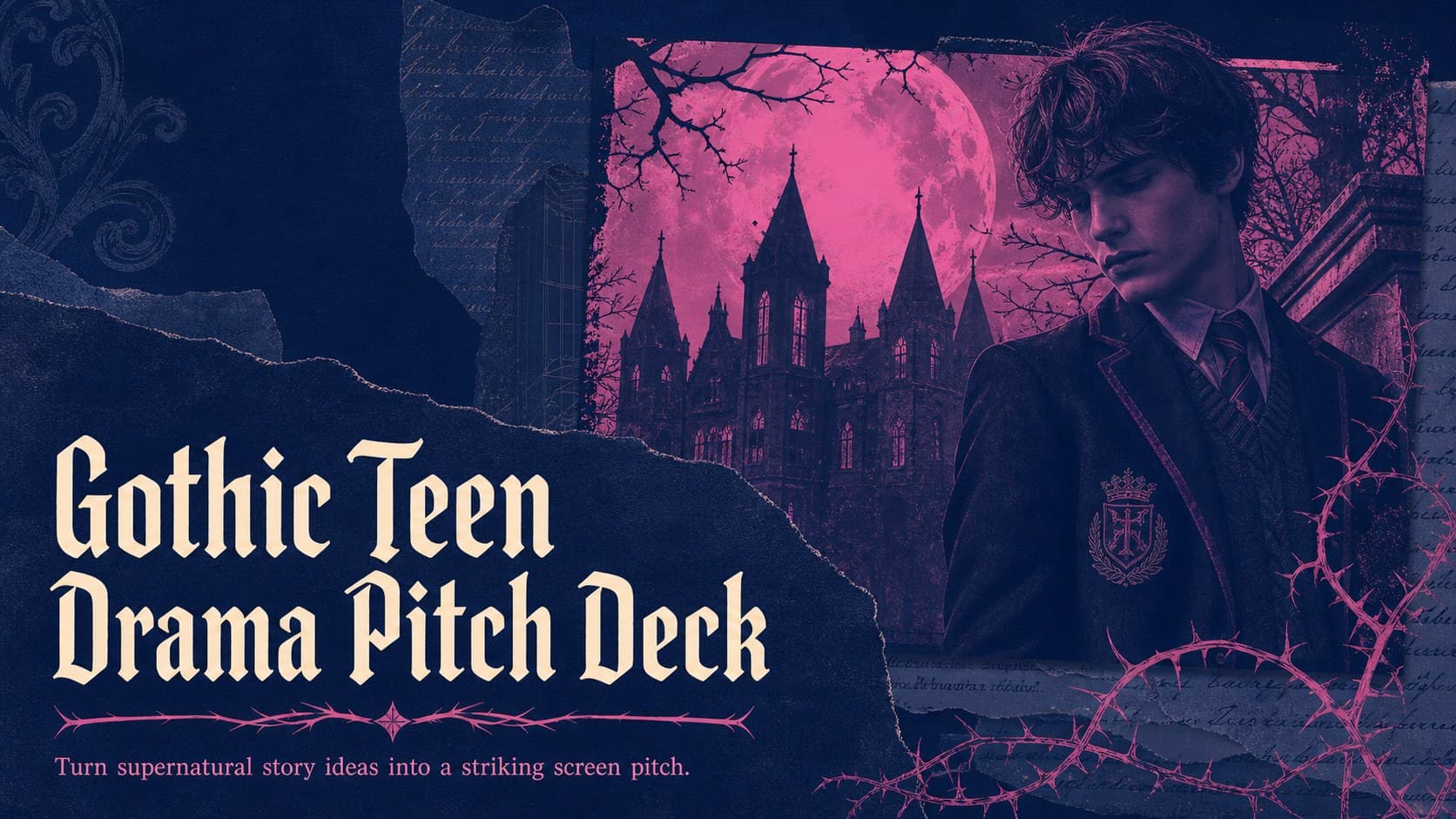 Cover of a Gothic Teen Drama Pitch Deck with theatrical lettering and vivid pink, blue, and beige details.