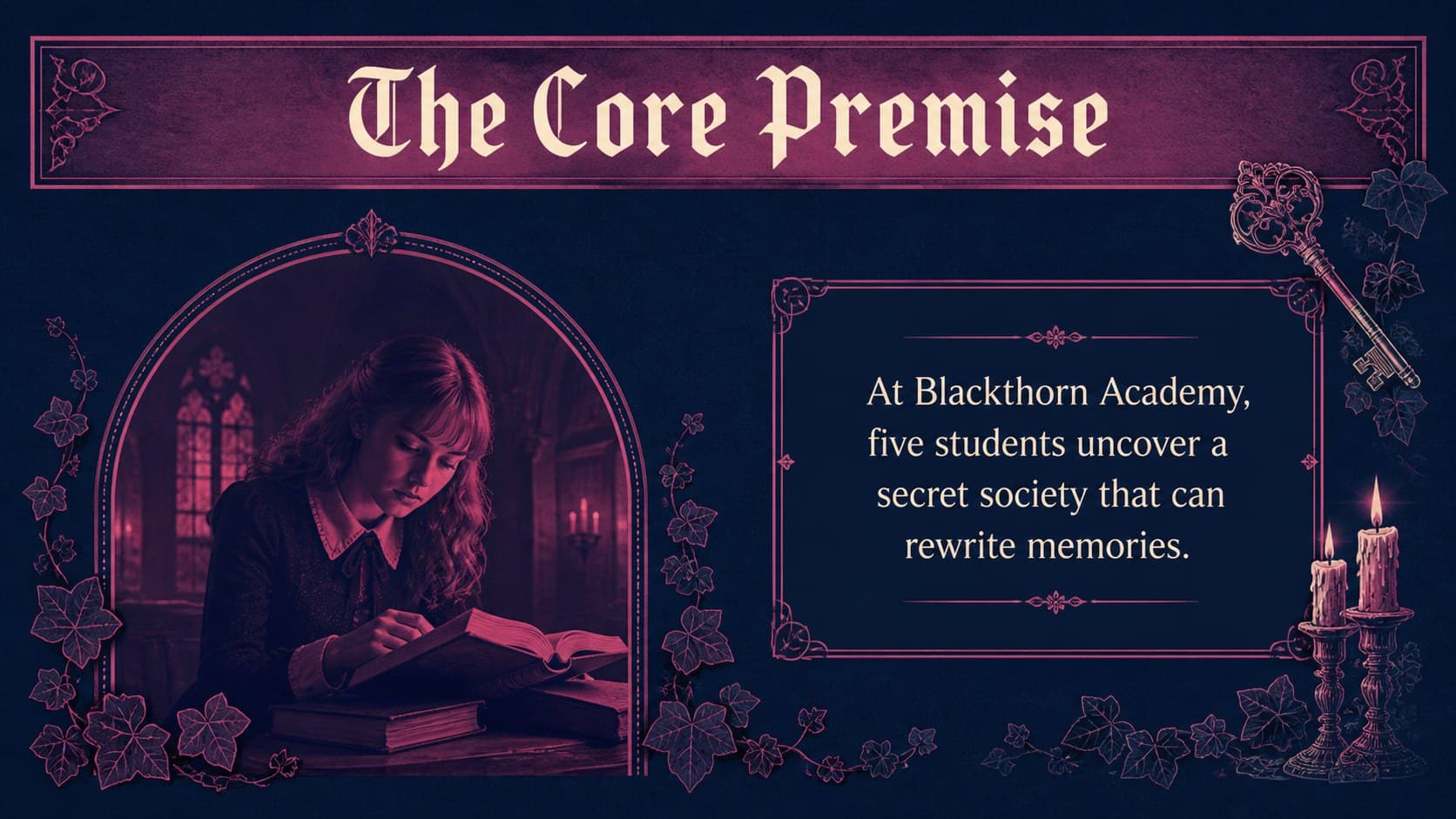 Gothic television pitch slide presenting the central premise of a supernatural teen mystery.