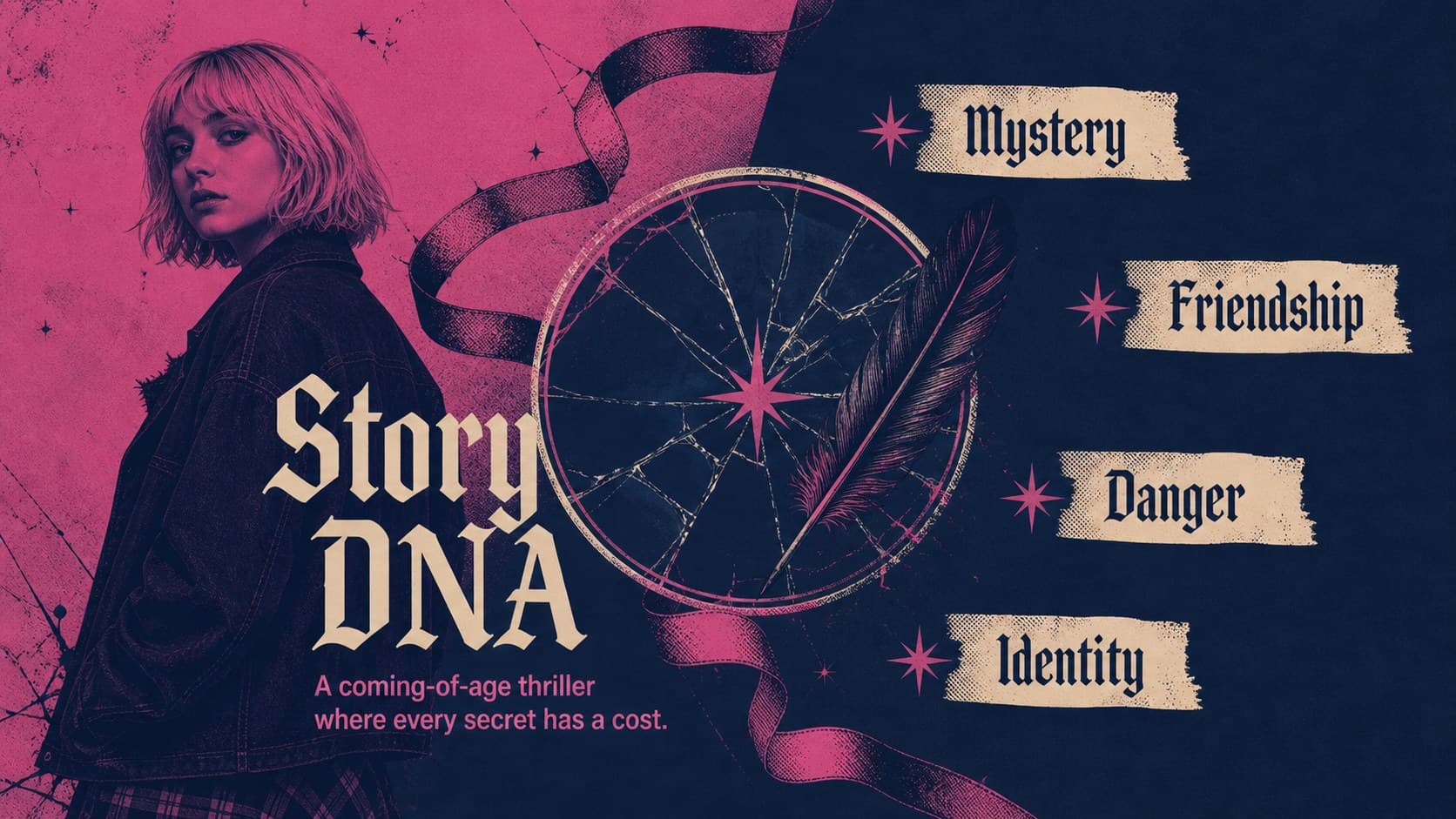 Dark academia show pitch slide outlining mystery, friendship, danger, and identity themes.