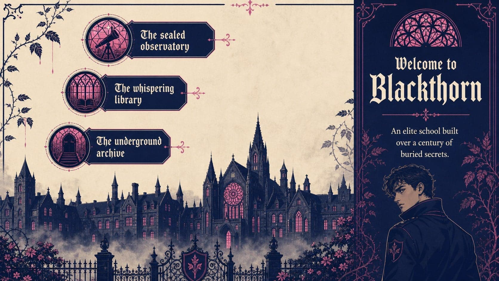 Teen mystery series concept deck slide introducing the eerie setting of Blackthorn Academy.