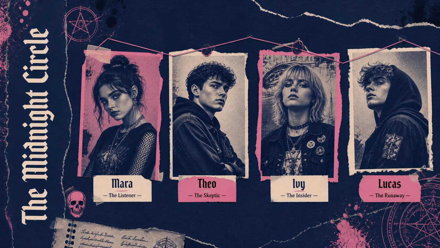 Gothic teen drama pitch deck slide showing four original characters and their narrative roles.