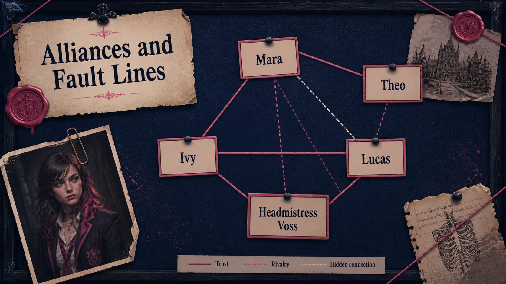 Moody television pitch template slide mapping alliances, rivalries, and hidden character connections.