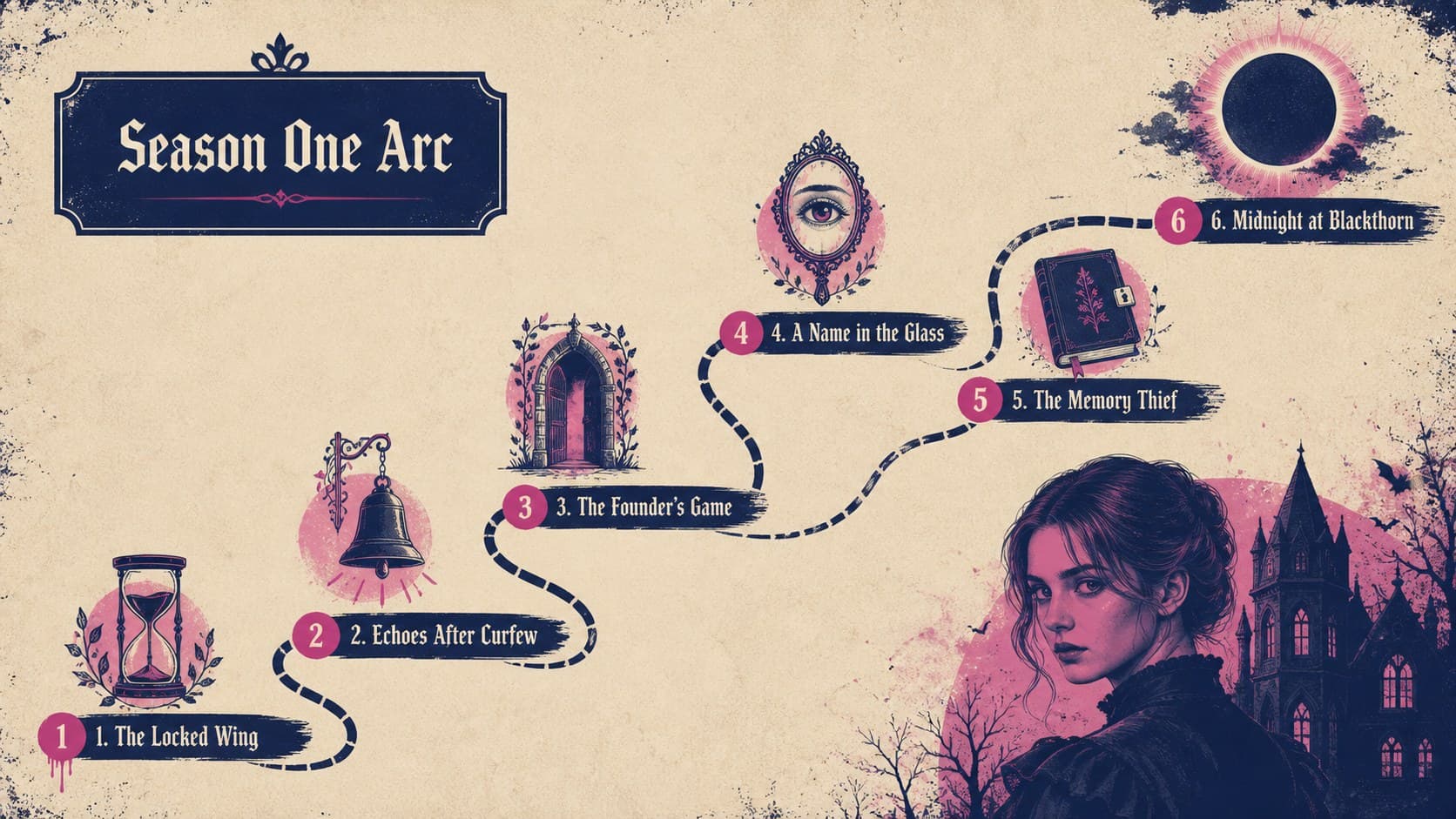 Dark academia show pitch slide listing six episode concepts in a dramatic seasonal arc.