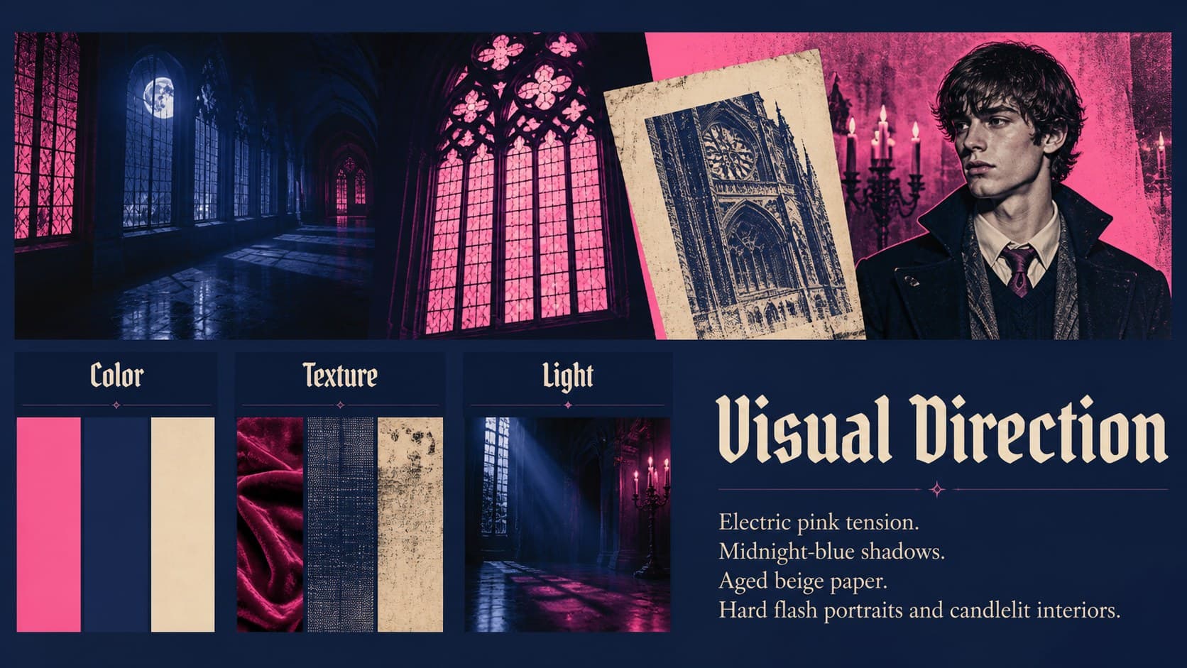 Pink and blue gothic presentation slide defining the series color, texture, lighting, and typography.