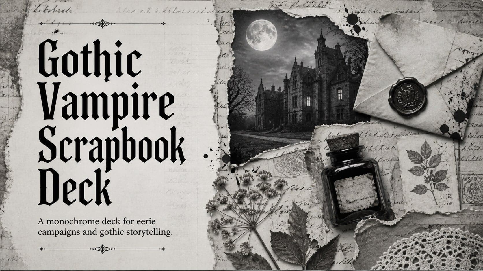 Cover for the Gothic Vampire Scrapbook Deck with monochrome paper textures and eerie archival illustrations.
