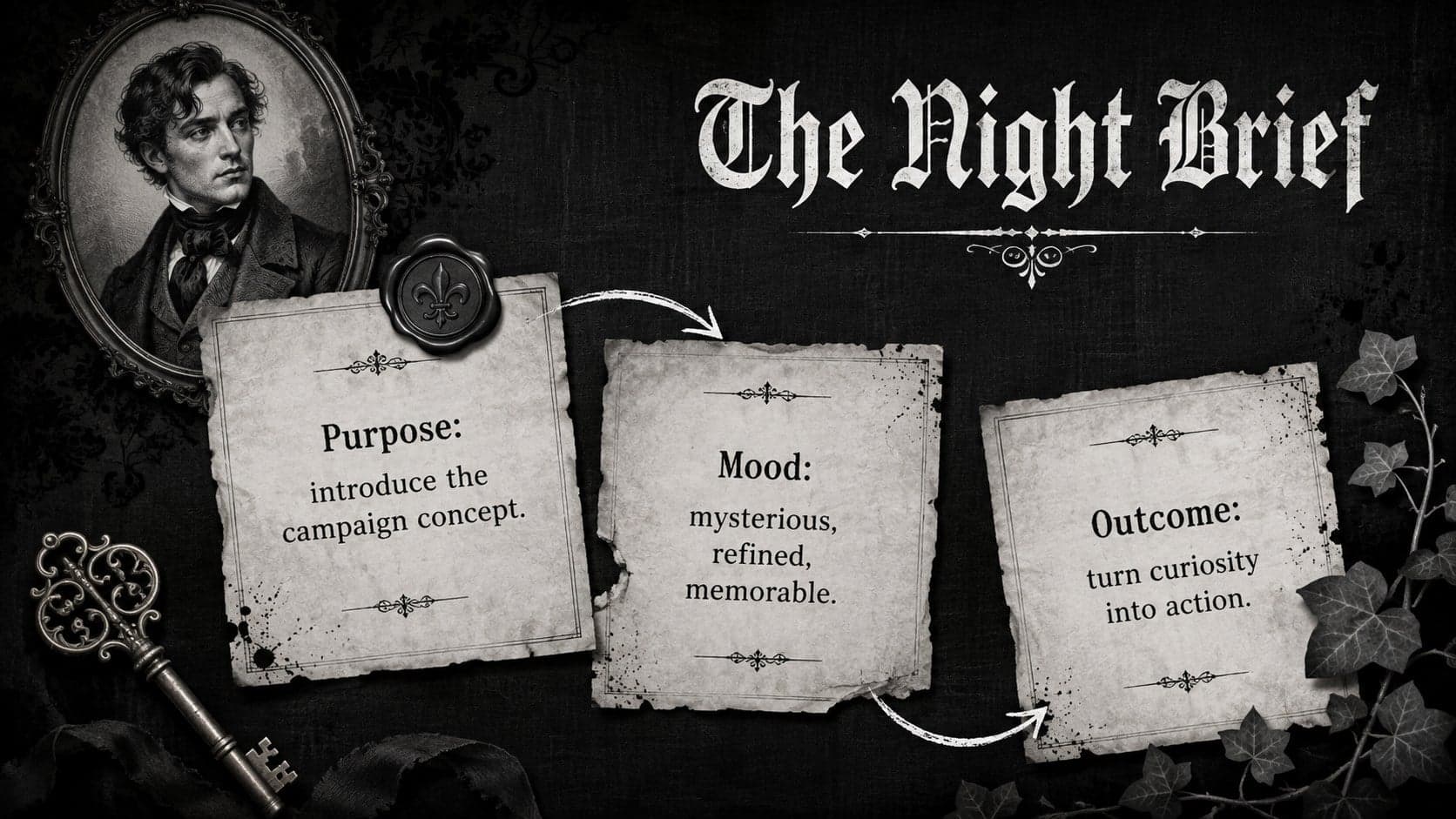 Gothic campaign overview slide presenting the brief with vintage scrapbook notes and monochrome imagery.