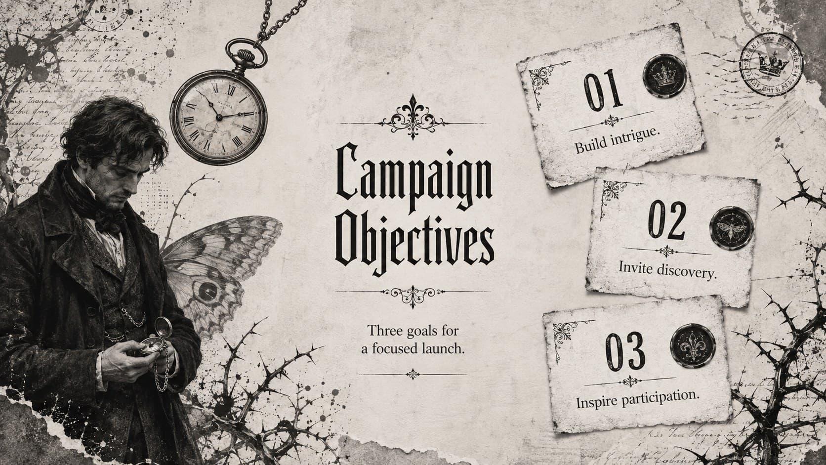 Black and white gothic presentation slide outlining three measurable campaign objectives.