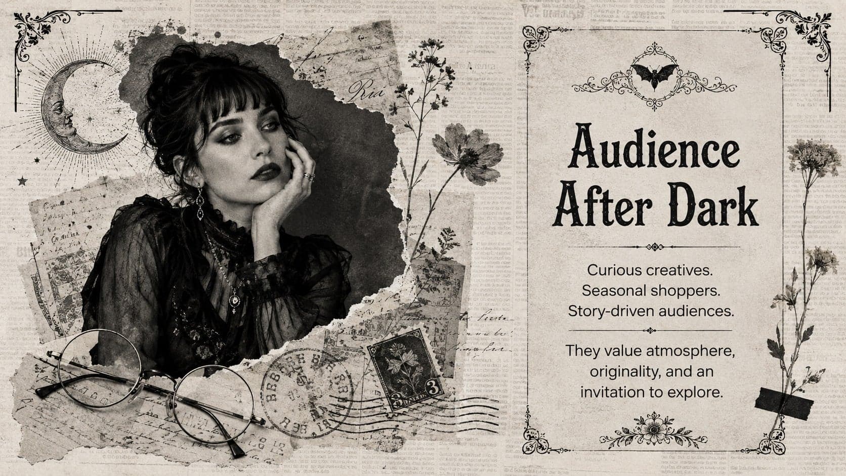 Vampire scrapbook presentation template slide profiling an audience drawn to atmospheric stories and seasonal experiences.