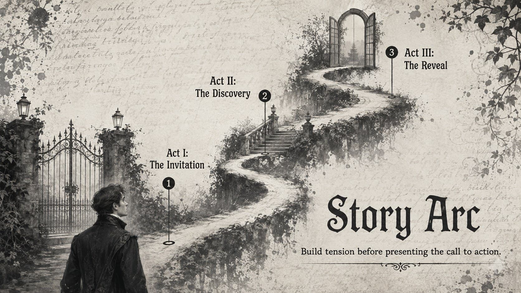 Victorian horror slides template page mapping a three-act campaign story from invitation to reveal.