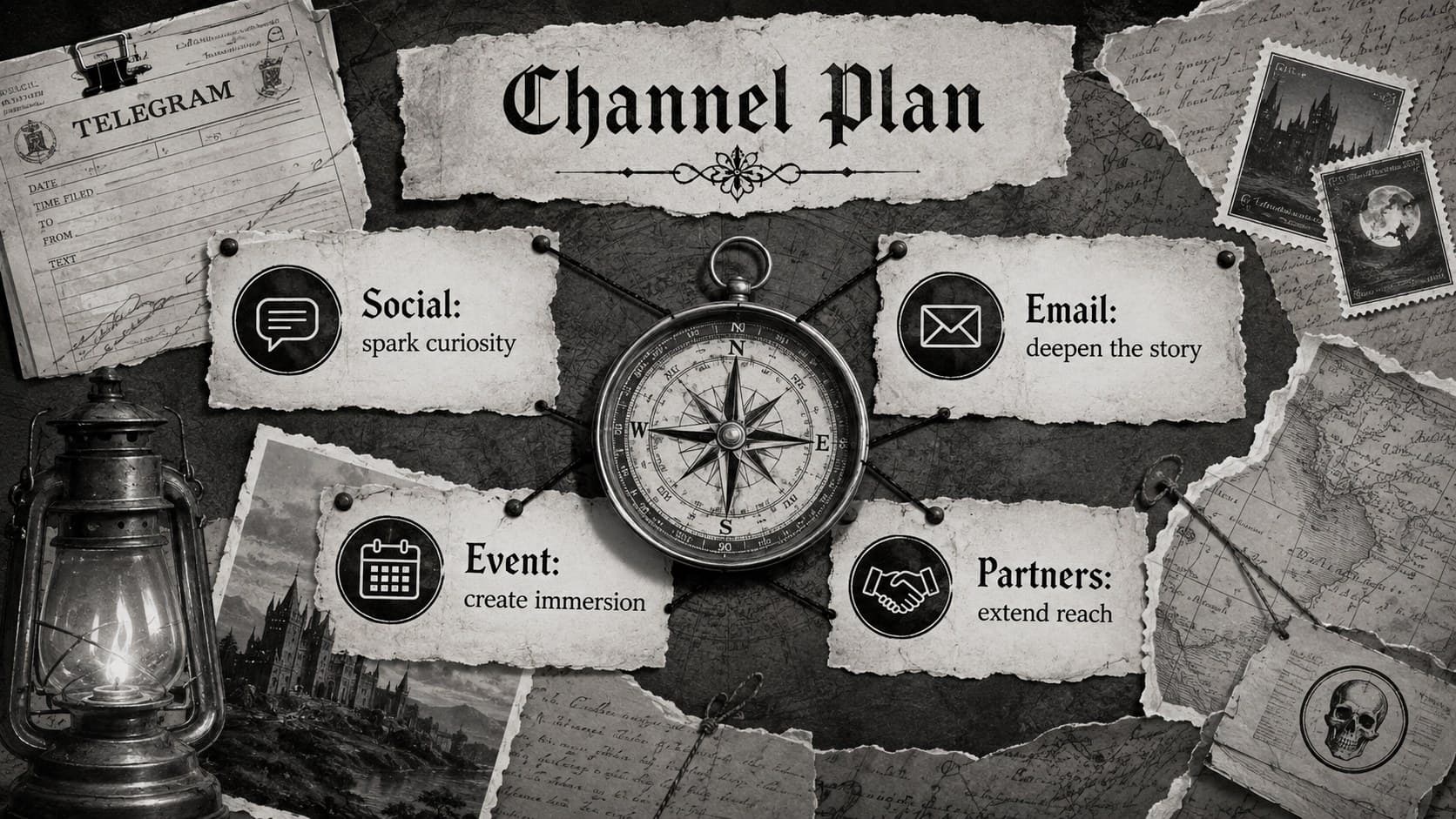 Halloween campaign pitch deck slide organizing social, email, event, and partner communication channels.