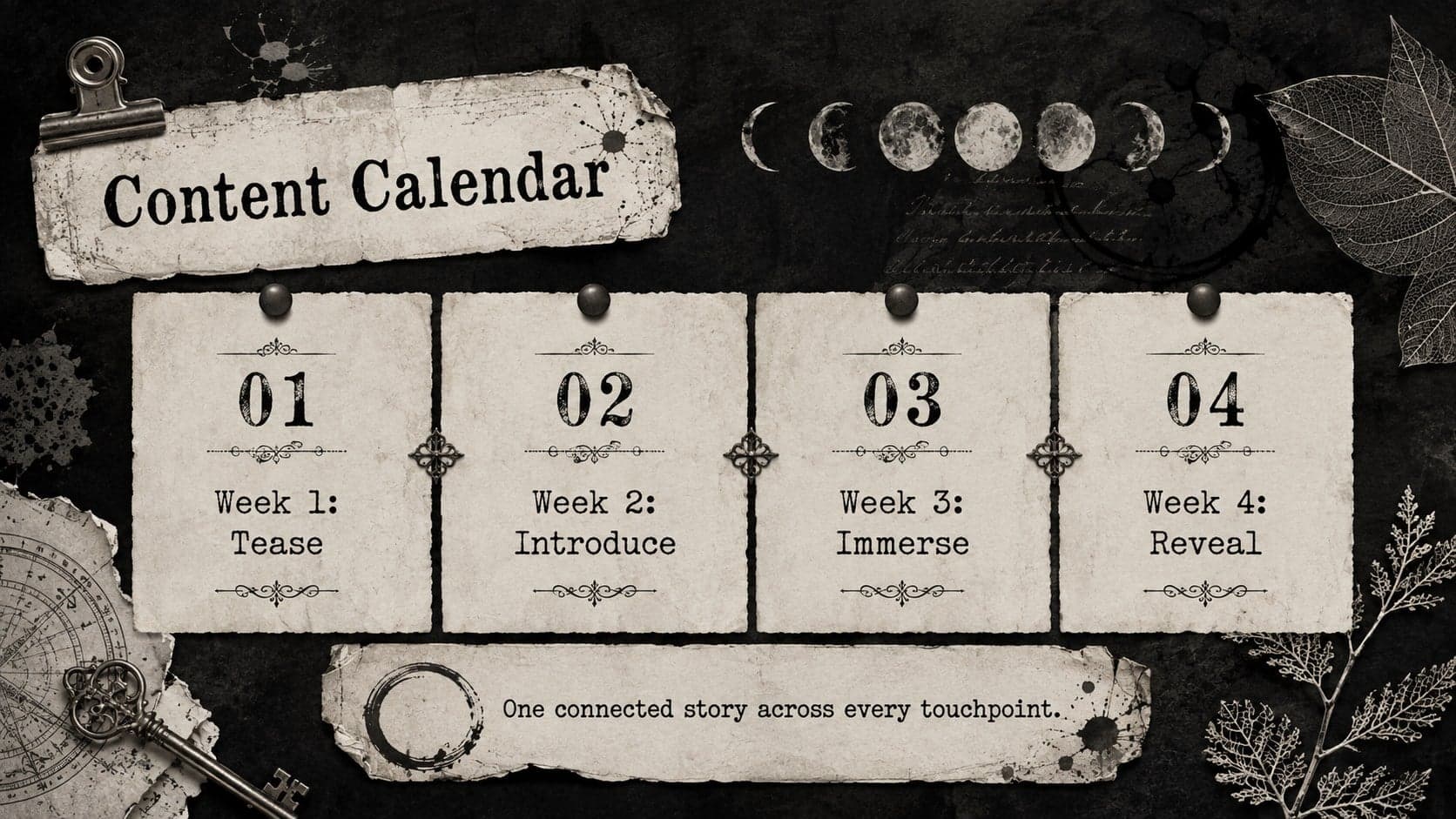 Monochrome Halloween marketing deck slide displaying a four-week content calendar.