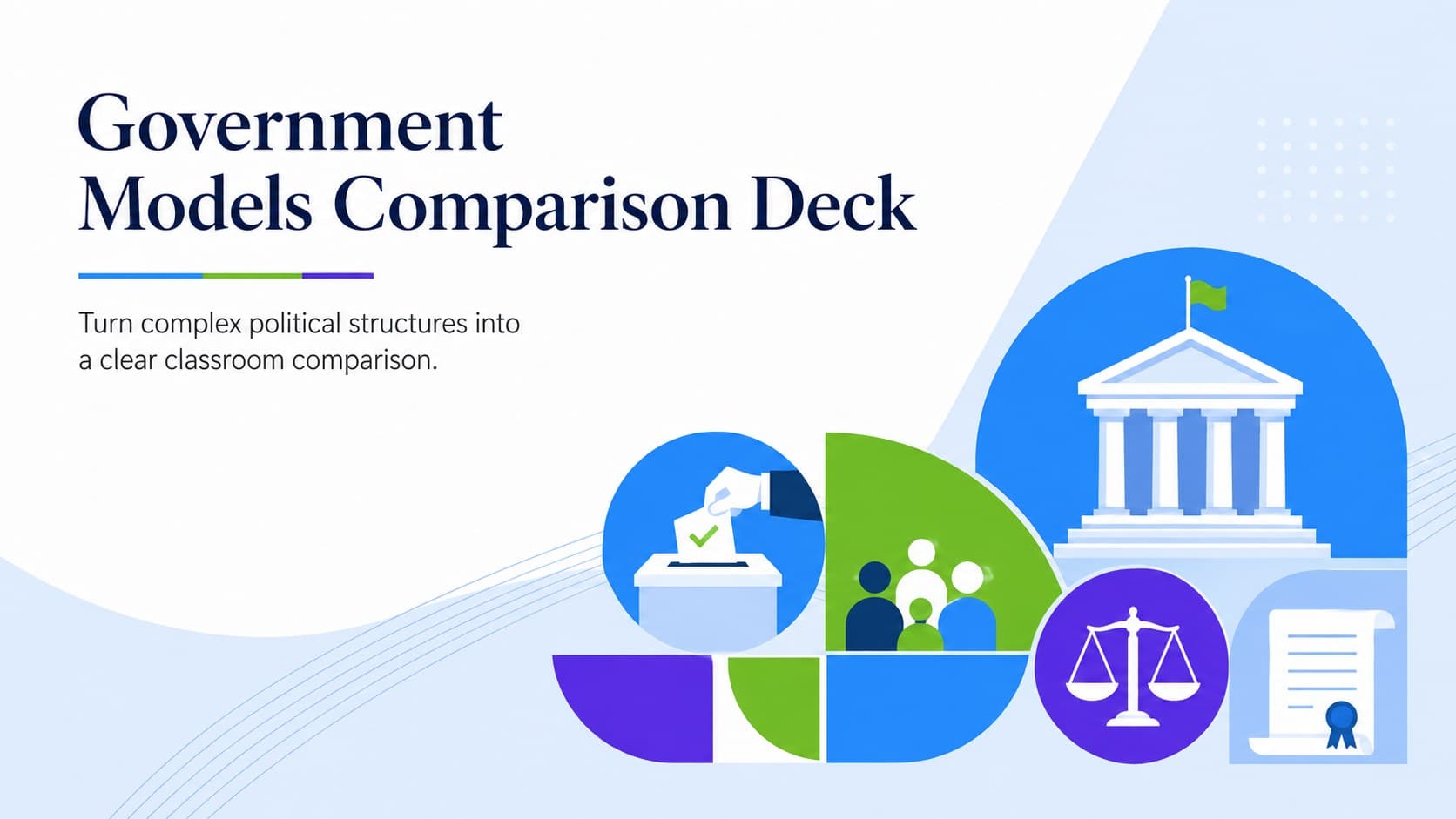 Cover of the Government Models Comparison Deck with minimalist civic symbols in blue, green, violet, and white.