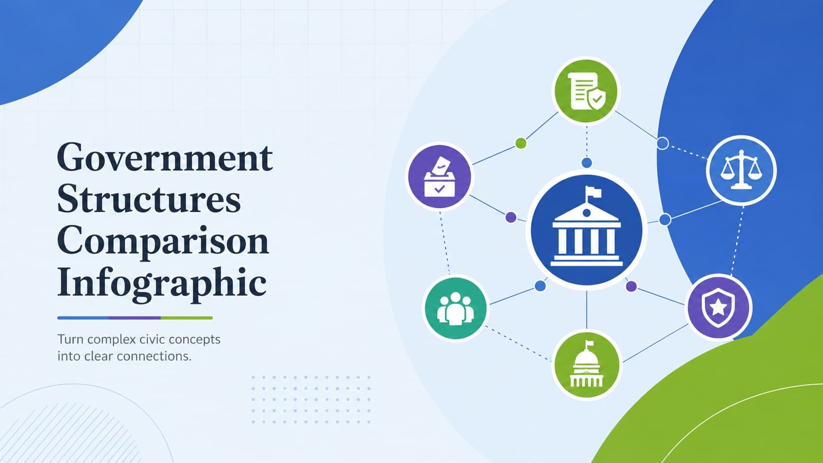 Cover for a government structures comparison infographic with minimalist blue, purple, green, and white civic graphics.
