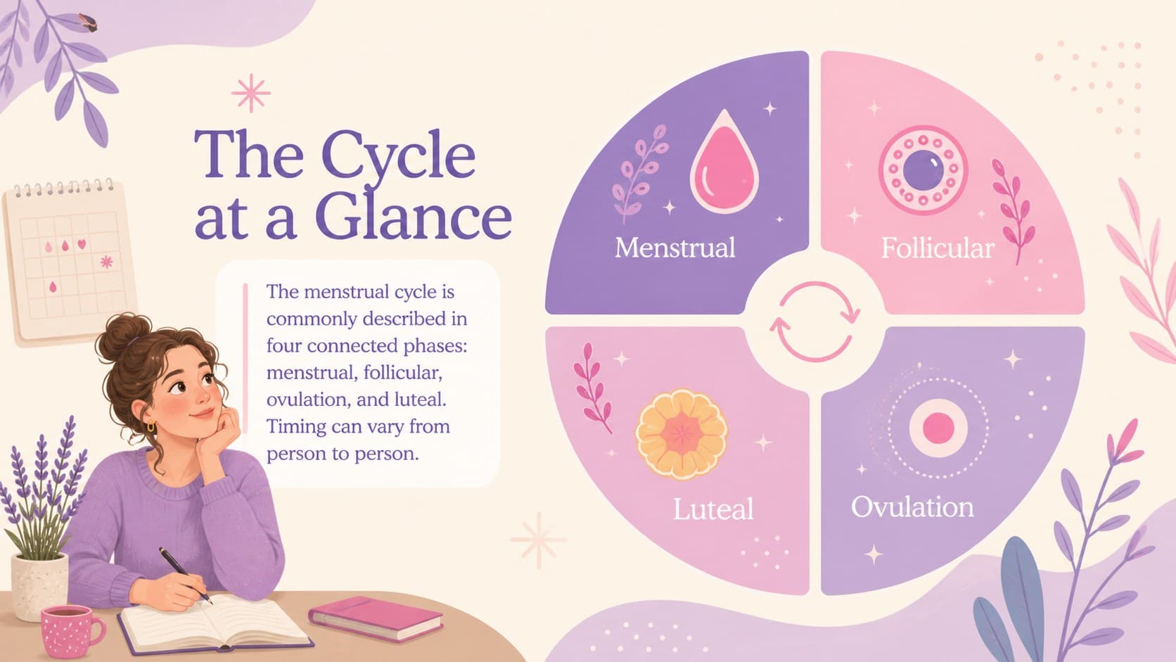 Menstrual cycle overview slide showing four phases in a circular classroom diagram.