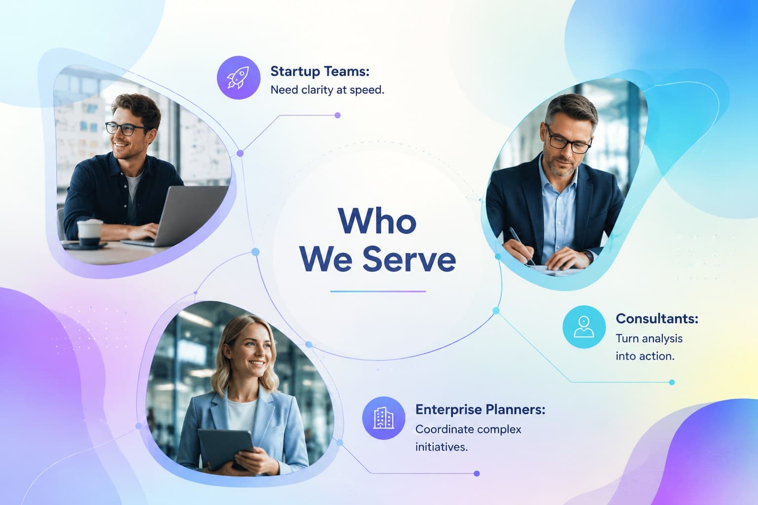 Customer segment slide profiling startup teams, consultants, and enterprise planners.
