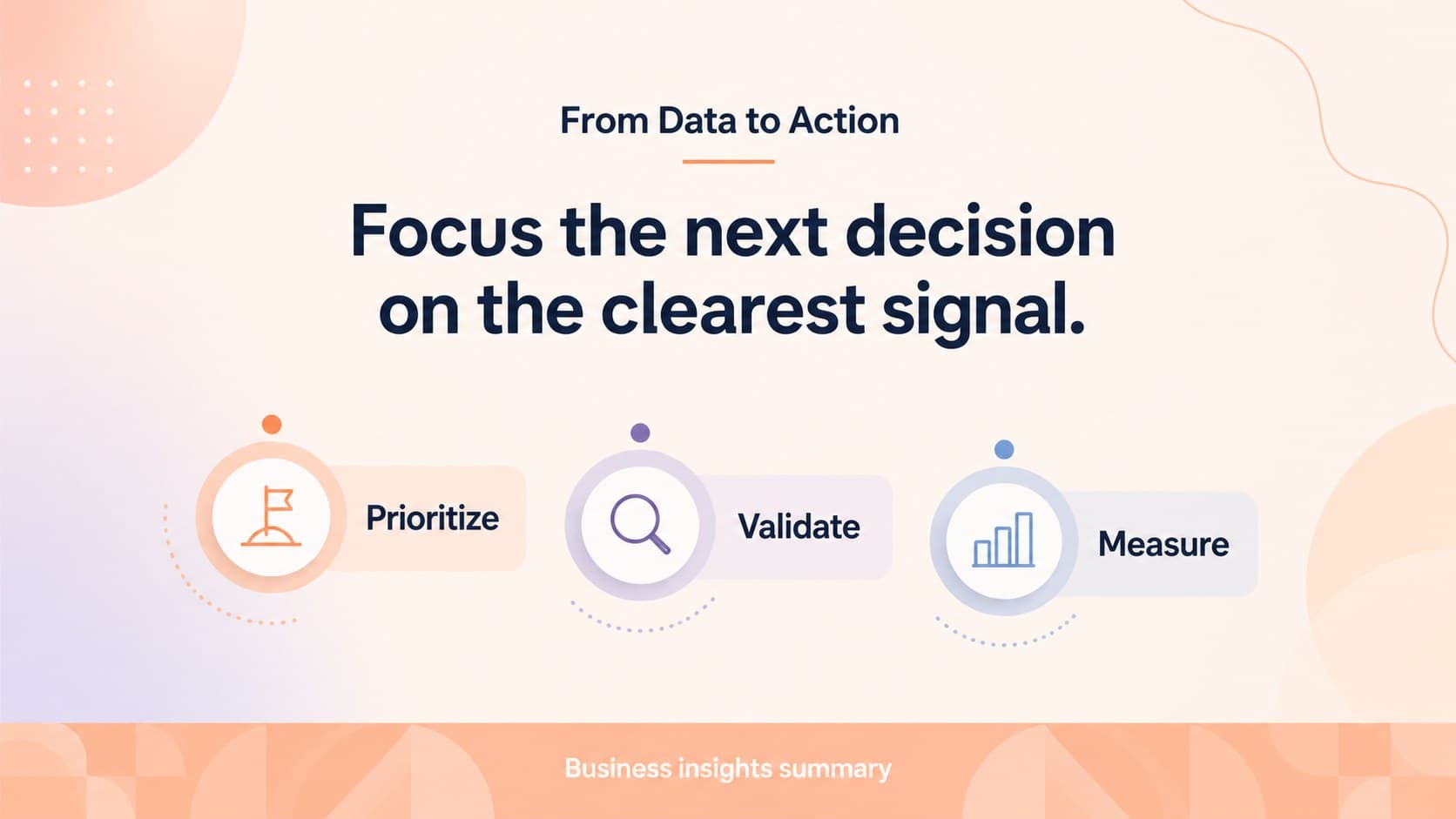 Color-coded data storytelling template closing slide summarizing insights with a focused takeaway and action list.